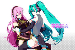  2girls :q aqua_eyes aqua_hair bad_id bad_pixiv_id blue_eyes clothes_lift detached_sleeves hatsune_miku headset long_hair looking_at_viewer looking_back megurine_luka multiple_girls nail_polish naughty_face necktie necktie_grab neckwear_grab photoshop_(medium) pink_hair sigumado66 sitting sitting_on_lap sitting_on_person skirt skirt_lift thighhighs tongue tongue_out twintails very_long_hair vocaloid yuri 