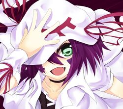  choker cofi_(eternal) collarbone commentary_request facial_mark female green_eyes hair_over_one_eye hand_on_headwear hand_on_own_head hat hat_over_one_eye hat_ribbon looking_at_viewer merry_nightmare oerba_yun_fang one_eye_covered open_mouth purple_background purple_hair purple_ribbon ribbon short_hair short_sleeves smile solo square_pupils white_hat yumekui_merry 