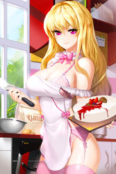  apron bare_shoulders blonde_hair bra breasts cake choker cleavage commentary_request female food garter_belt highres large_breasts linia_pacifica long_hair looking_at_viewer photoshop_(medium) pink_eyes smile snowball22 sword_girls underwear 