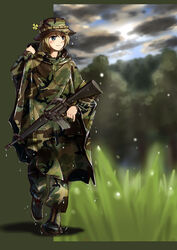  absurdres assault_rifle blonde_hair blue_eyes boonie_hat boots camouflage chinese_commentary cloak clover commentary_request female four-leaf_clover girlcam_(tanto) gun hat highres hood hood_down hooded_cloak m16 m16a1 mud poncho rain rain_poncho rifle short_hair smile soldier solo tanto_(tc1995) vietnam water weapon woodland_camouflage 