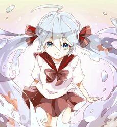  ahoge aqua_eyes aqua_hair bad_id bad_pixiv_id bottle_miku commentary_request female fish hair_ribbon hatsune_miku liquid_hair long_hair looking_at_viewer ribbon school_uniform serafuku skirt smile solo soyaka twintails very_long_hair vocaloid 