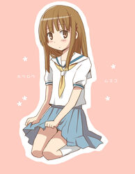  1boy blush brown_eyes brown_hair commentary_request crossdressing hair_ornament hairclip hourou_musuko long_hair male_focus nitori_shuuichi otoko_no_ko pitsuuta school_uniform sitting skirt solo 