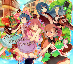  4girls bad_id bad_pixiv_id black_eyes black_hair boots bottle brown_eyes brown_hair cake cake_slice checkerboard_cookie chocolate_cake cookie cupcake digital_media_player doughnut dress flower food frog fruit_tart gekota green_eyes gyoe hair_flower hair_ornament head_wreath long_hair menu_board misaka_mikoto multiple_girls saten_ruiko shirai_kuroko short_hair strawberry_tart tart_(food) tea_set toaru_kagaku_no_railgun toaru_majutsu_no_index traffic_light twintails uiharu_kazari 