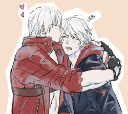  2boys blue_eyes blush closed_eyes dante_(devil_may_cry) devil_may_cry devil_may_cry_3 devil_may_cry_4 fingerless_gloves gloves half-closed_eyes heart jya kissing looking_at_another male_focus multiple_boys nero_(devil_may_cry) oerba_yun_fang open_mouth simple_background sweatdrop white_hair 