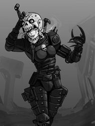  armor artist_request bodysuit claws cowboy_shot eversor_assassin female full_armor grey_background greyscale helmet looking_at_viewer monochrome officio_assassinorum photoshop_(medium) scar sharp_teeth simple_background skull solo standing teeth warhammer_40k 