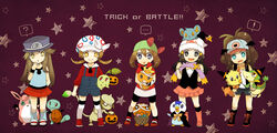  ! ... 5girls :d :o ? bandana baseball_cap basket bat_wings bike_shorts black_hair blue_eyes brown_eyes brown_hair buzz_(moi) cabbie_hat candy cape chikorita commentary_request cosplay dawn_(pokemon) drifblim drifblim_(cosplay) food halloween hat hilda_(pokemon) holding jack-o&#039;-lantern leaf_(pokemon) lillipup long_hair lyra_(pokemon) may_(pokemon) mouth_hold multiple_girls open_mouth overalls piplup pokemon pokemon_(creature) pokemon_bw pokemon_dppt pokemon_emerald pokemon_frlg pokemon_hgss pokemon_rse poliwag poliwag_(cosplay) ponytail pumpkin purple_background ralts ralts_(cosplay) scarf shinx short_twintails shorts skirt smeargle smile snivy squirtle standing star_(symbol) starry_background themed_object thighhighs togepi togepi_(cosplay) torchic trapinch trick_or_treat twintails wand wigglytuff wings witch_hat woobat woobat_(cosplay) 