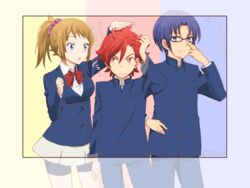  2boys bad_id bad_pixiv_id banchii bike_shorts blue_eyes blue_hair brown_hair female gakuran glasses gundam gundam_build_fighters gundam_build_fighters_try height_difference highres hoshino_fumina kamiki_sekai kousaka_yuuma multiple_boys ponytail red_eyes red_hair school_uniform scrunchie 