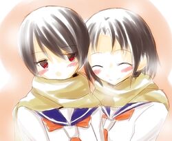  2girls blush commentary_request maruuchi_shouko minu multiple_girls nezu_miko red_eyes sayonara_zetsubou_sensei scarf school_uniform serafuku short_hair yuri 