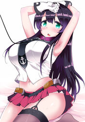  agano_(kancolle) anchor_symbol armpits arms_up belt black_hair blush breasts choker collar commentary_request female garter_straps gloves green_eyes highres kantai_collection large_breasts long_hair looking_at_viewer miniskirt navel necktie open_mouth red_skirt sasago_kaze school_uniform serafuku skirt solo thighhighs white_gloves 