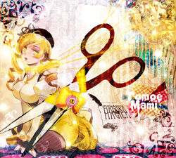  bad_id bad_pixiv_id beret blonde_hair bow breasts detached_sleeves drill_hair feathers female fingerless_gloves gloves hair_ornament hat kneeling large_breasts lock magical_girl mahou_shoujo_madoka_magica mahou_shoujo_madoka_magica_(anime) natsunama pleated_skirt puffy_sleeves ribbon scissors shirt skirt solo taut_clothes taut_shirt thighhighs tomoe_mami tomoe_mami_(magical_girl) yellow_eyes zettai_ryouiki 