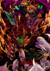  2boys battle blue-eyes_white_dragon blue-eyes_white_dragon&#039;s_3-body_connection card chains chinchira collar commentary_request dragon duel duel_monster dyed_bangs kaiba_seto meteor_black_dragon meteor_dragon millennium_puzzle multiple_boys open_mouth photoshop_(medium) red-eyes_black_dragon sharp_teeth spiked_hair teeth tongue wicked_chain yami_yugi yu-gi-oh! yu-gi-oh!_(toei) 