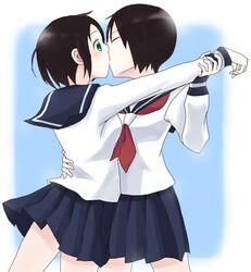  2girls blush closed_eyes commentary_request green_eyes holding_another&#039;s_arm hug kissing maruuchi_shouko minu multiple_girls nezu_miko photoshop_(medium) sayonara_zetsubou_sensei school_uniform serafuku short_hair surprise_kiss surprised waist_hold yuri 