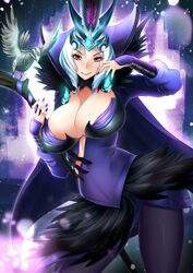  alternate_costume breasts commentary_request female highres large_breasts league_of_legends leblanc_(league_of_legends) looking_at_viewer megatama pantyhose purple_eyes ravenborn_leblanc short_hair smile solo staff white_hair 