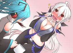  2girls aqua_hair belt blush bow breasts cleavage coffee commentary_request crop_top cup detached_sleeves hair_ornament hairbow hatsune_miku headset large_breasts long_hair midriff mug multiple_girls navel necktie niwakaame_(amayadori) pants red_eyes saliva spit_take spitting translated twintails vocaloid white_hair yowane_haku 