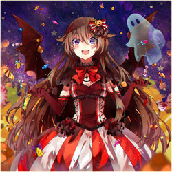  :d alice_(pandora_hearts) alternate_costume blush border bow brown_hair candy commentary_request cross cross_necklace demon_wings dress elbow_gloves female food frills ghost gloves hair_ornament hairbow halloween jack-o&#039;-lantern jewelry leaf lollipop long_hair looking_at_viewer necklace night night_sky open_mouth pandora_hearts photoshop_(medium) purple_eyes sky smile solo standing star_(sky) star_(symbol) starry_background teka very_long_hair wings 