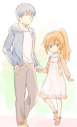  1boy aisaka_taiga bad_id bad_pixiv_id blue_hair brown_eyes brown_hair commentary_request dress female holding_hands hood hoodie long_hair ponytail shirotaka_(shirotaka) short_hair takasu_ryuuji toradora! 