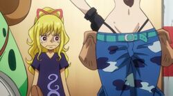  2girls amused animated animated animation belt bikini black_shirt blonde_hair breasts character_request curvy female gloves lolicon long_hair looking_back multiple_girls nami_(one_piece) navel one_piece ponytail red_eyes ribbon shirt staring stomach swimsuit thong twintails unamused 