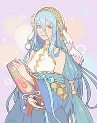  azura_(fire_emblem) azura_(new_year)_(fire_emblem) blue_hair commentary english_commentary female fire_emblem fire_emblem_fates fire_emblem_heroes headdress highres japanese_clothes jivke kimono long_hair looking_at_viewer smile solo yellow_eyes 