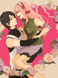  amr anbu barefoot black_hair couple flower green_eyes jewelry long_hair nail_polish naruto naruto_shippuuden pink_hair ring rings sai sai_(naruto) sakura_haruno 