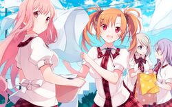  blonde_hair blue_eyes bow group imouto_no_katachi long_hair mima_chimari orange_hair pink_eyes pink_hair purple_hair red_eyes ribbons seifuku sena_miyuki short_hair sumeragi_ayaka suzunomiya_mayuki twintails u35 