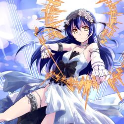  armlet arrow_(projectile) black_ribbon blue_hair blush bow_(weapon) bridal_garter commentary_request cosplay dress energy_arrow energy_weapon euryale_(fate) euryale_(fate)_(cosplay) euryale_(third_ascension)_(fate) euryale_(third_ascension)_(fate)_(cosplay) fate/hollow_ataraxia fate_(series) female flower hair_between_eyes hair_flower hair_ornament hairband halo headdress holding holding_arrow holding_bow_(weapon) holding_weapon long_hair looking_at_viewer love_live! love_live!_school_idol_project ribbon sleeveless sleeveless_dress solo sonoda_umi urutsu_sahari weapon white_dress yellow_eyes 