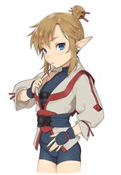  1boy alternate_costume alternate_hairstyle blonde_hair blue_eyes blue_gloves brown_jacket commentary earrings english_commentary gloves hair_bun jacket jewelry link looking_at_viewer male_focus meimone otoko_no_ko pointy_ears short_hair simple_background single_hair_bun solo the_legend_of_zelda the_legend_of_zelda:_breath_of_the_wild white_background 