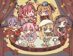  &gt;_&lt; 6+girls anniversary blonde_hair borrowed_character bow brown_eyes brown_hair chibi closed_eyes commentary_request crab drill_hair drum drum_set drumsticks feline furrowed_brow green_eyes guitar hair_ornament hair_ribbon hairband hairbow hat hazuki_watora holding hood hoodie instrument isopod kanimusume_(kani_biimu) kata_meguma kindergarten_uniform long_hair looking_at_viewer mikane_sebiri minazuki_sarami money multiple_girls music musical_note naked_hoodie open_mouth original pink_hair playing_instrument pleated_skirt purple_eyes purple_hair red_hair ribbon school_uniform scissors serafuku shimotsuki_potofu skirt smile tachibana_karen translation_request trumpet twin_drills twintails two_side_up |_| 