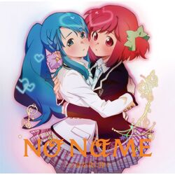  2girls akb0048 album_cover blazer blue_eyes blue_hair blush bow cover ebata_risa flower hair_flower hair_ornament hairbow heart highres hug jacket long_hair looking_at_viewer motomiya_nagisa multiple_girls necktie official_art outline pleated_skirt red_eyes red_hair school_uniform short_hair skirt sono_chieri star_(symbol) 