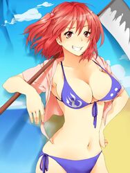  ahoge backdrop bad_id bad_pixiv_id bikini breasts cleavage female front-tie_top gimp_(medium) grin hair_bobbles hair_ornament hand_on_own_hip highres large_breasts onozuka_komachi open_clothes open_shirt purple_bikini red_eyes red_hair scythe shirt short_hair side-tie_bikini_bottom smile solo swimsuit teeth touhou translated two_side_up umemiyachu weapon 