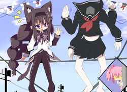  2girls akemi_homura akemi_homura_(magical_girl) animal_ears argyle_clothes argyle_legwear black_hair black_pantyhose bow braid cat_ears clothesline commentary_request gloves hairband hairbow jealous kaname_madoka kaname_madoka_(magical_girl) kemonomimi_mode long_hair magical_girl mahou_shoujo_madoka_magica mahou_shoujo_madoka_magica_(anime) matsubara_ryuu multiple_girls pantyhose patricia_(madoka_magica) peeking_out photoshop_(medium) pink_hair purple_eyes short_twintails spoilers twin_braids twintails white_gloves witch&#039;s_labyrinth 