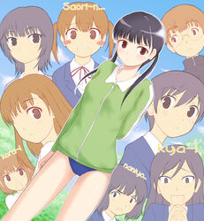  2boys 6+girls :o angry ariga_makoto artistic_error black_eyes black_hair blush blush_stickers bow brown_eyes brown_hair buruma chiba_saori commentary_request crossdressing glasses hourou_musuko jacket kusaka_maichi long_hair multiple_boys multiple_girls nitori_maho nitori_shuuichi open_mouth otoko_no_ko own_hands_together reverse_trap romaji_text sarashina_chizuru sasa_kanako school_uniform shirai_momoko short_hair short_twintails suehiro_anna takatsuki_yoshino twintails 