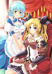  2girls :d aqua_eyes armchair atelier_(series) blonde_hair blue_eyes blue_hair chair commentary_request dress hair_ornament hair_ribbon liliane_vehlendorf long_hair looking_at_viewer maid maid_headdress mana_khemia_(series) mana_khemia_2 multiple_girls open_mouth ribbon short_hair sitting smile two_side_up v_arms villyane wuim_(mana_khemia) 