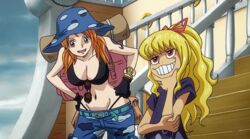  2girls animated animated animation backpack bare_arms bare_shoulders belt bikini black_shirt blonde_hair breasts character_request curvy door female glasses gloves grin hand_on_chin hand_on_elbow hands_on_waist happy hat height_difference large_breasts lolicon long_hair looking_at_viewer multiple_girls nami_(one_piece) navel one_piece orange_hair ponytail red_eyes ship shirt smile stairs stomach sunglasses swimsuit talking tanned tanned_skin tattoo thong together twintails wink 