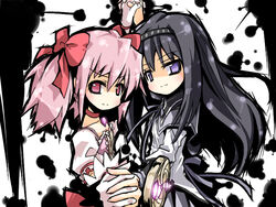  2girls akemi_homura akemi_homura_(magical_girl) black_hair blush choker commentary_request domon_kasshu g_gundam gloves gundam hairband kaname_madoka kaname_madoka_(magical_girl) long_hair magical_girl mahou_shoujo_madoka_magica mahou_shoujo_madoka_magica_(anime) multiple_girls parody pink_eyes pink_hair puffy_sleeves purple_eyes r_85 rain_mikamura red_choker sekiha_love-love_tenkyoken shield short_twintails twintails white_gloves yuri 