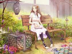  ankle_lace-up basket bench bird birdcage black_pantyhose book bracelet bread brown_hair cage commentary_request cross-laced_footwear female flower food fountain garden grass hair_flower hair_ornament hairband jewelry long_hair necklace open_book original pantyhose photoshop_(medium) reading shigureteki short_sleeves sitting solo 