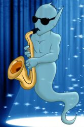  2017 aggy_(prequel) bethesda_game_studios bluedraggy digital_media_(artwork) eyewear ghost hi_res holding_musical_instrument holding_object humanoid kazerad male microsoft musical_instrument not_furry nude oblivion prequel_adventure saxophone solo spirit sunglasses the_elder_scrolls wind_instrument woodwind_instrument 