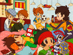  6+boys bad_id bad_pixiv_id ball bed blue_eyes book brown_eyes brown_hair company_connection crossover danball_senki endou_kanon endou_mamoru figure hat hershel_layton inazuma_eleven inazuma_eleven_(series) inazuma_eleven_go jacket level-5 luke_triton lying male_focus matsukaze_tenma mecha multiple_boys multiple_crossover ni_no_kuni oliver_(ni_no_kuni) photoshop_(medium) professor_layton raimon reading robot sitting soccer_ball uppi yamano_ban 