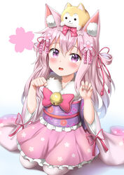  :d absurdres animal animal_ears animal_on_head azur_lane bell blush bow canine cat_ears claw_pose commentary dog_on_head female flower frilled_skirt frills fur_collar hair_between_eyes hair_flower hair_ornament hair_ribbon hairbow highres japanese_clothes jingle_bell kimono kisaragi_(azur_lane) kisaragi_(new_year&#039;s_wish)_(azur_lane) long_hair long_sleeves looking_at_viewer nedia_(nedia_region) obi official_alternate_costume on_head open_mouth pantyhose paw_pose pink_bow pink_hair pink_kimono pink_ribbon pink_skirt purple_eyes ribbon sash seiza short_kimono simple_background sitting skirt smile solo two_side_up very_long_hair white_background white_pantyhose wide_sleeves 