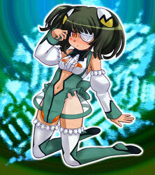  ahoge bare_shoulders black_bow black_bowtie blunt_bangs blush boots bow bowtie breasts center_opening clothing_cutout commentary_request detached_sleeves ebi_tendon eyepatch female frilled_sleeves frilled_thighhighs frills full_body green_footwear green_hair green_leotard green_thighhighs kneeling leotard medium_breasts navel navel_cutout no_panties orange_eyes otomedius pelvic_curtain photoshop_(medium) revealing_clothes see-through see-through_skirt skirt solo thigh_boots thighhighs tita_nium twintails 