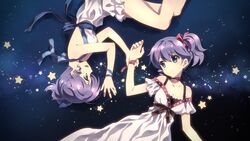  2girls absurdres blue_eyes collarbone djmax djmax_portable dress earrings highres jewelry ladymade_star lying multiple_girls nina_klatt on_back on_side purple_hair ribbon rotational_symmetry sehra_klatt short_hair side_ponytail smile star_(symbol) yuuki_tatsuya 