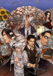  2girls 4boys absurdres anderain barbed_wire brain commentary_request crossbow flower highres joseph_oda juli_kidman laura_victoriano leslie_withers multiple_boys multiple_girls ruvik sebastian_castellanos sunflower the_evil_within weapon 