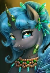  2017 arthropod beaded_jewelry beaded_necklace beads blue_hair bust_portrait changeling crystal ear_piercing emerald_(gem) eyelashes eyeshadow fan_character fangs female feral friendship_is_magic gem hair hasbro hi_res horn insect_wings jewelry looking_at_viewer makeup mascara my_little_pony necklace pearl_beads piercing portrait pupils queen_polistae simple_background slit_pupils smile solo sorc teal_eyes teeth wings 