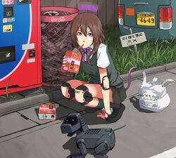  aibo_(robot) android bag brown_hair canine car coca-cola commentary_request drinking drinking_straw female grass jittsu joints looking_at_viewer motor_vehicle oil original purple_eyes robot robot_joints school_uniform shadow shopping_bag solo sony squatting tail translated vending_machine 