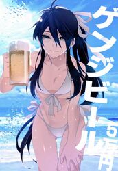  1boy alcohol ass_visible_through_thighs beer bikini black_hair commentary_request drifters fujiwara_riyu hair_ribbon long_hair looking_at_viewer male_focus nasu_no_yoichi navel otoko_no_ko protected_link ribbon smile solo swimsuit translated very_long_hair yellow_eyes 