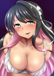  bare_shoulders black_hair blue_eyes blush bra breasts cleavage commentary_request female hair_ribbon highres kantai_collection kashiwamochi_(kashiwakashiwa) large_breasts long_hair multicolored_eyes multicolored_hair naganami_(kancolle) naganami_kai_ni_(kancolle) no_shirt oerba_yun_fang open_mouth pink_hair ribbon smile solo underwear white_bra yellow_eyes 