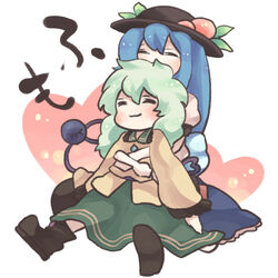  2girls bad_id bad_pixiv_id blue_hair chibi closed_eyes green_hair hat heart hinanawi_tenshi hug hug_from_behind komeiji_koishi konbu_ame multiple_girls no_headwear sitting touhou 