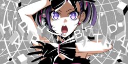  bare_shoulders birthday black_gloves choker commentary_request dokidoki!_precure earrings english_text eyelashes female gloves happy_birthday jewelry kenzaki_makoto mahkn microphone music open_mouth precure purple_eyes purple_hair short_hair singing solo 