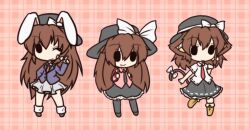  0_0 3girls :3 alternate_hair_length alternate_hairstyle animal_ears backpack bad_id bad_pixiv_id bag bow brown_hair cat_ears cat_tail chibi cosplay fushigi_ebi hat hat_bow kemonomimi_mode long_hair multiple_girls multiple_persona necktie one_eye_closed outline plaid plaid_background rabbit_ears reisen_udongein_inaba reisen_udongein_inaba_(cosplay) skirt smile solid_oval_eyes tail tail_bow tail_ornament touhou usami_renko 