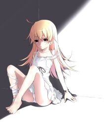  bandages barefoot blonde_hair chains commentary_request dress female legs long_hair long_legs monogatari_(series) nisemonogatari oshino_shinobu red_eyes solo strap_slip yuki_(sangeki5806) 