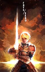  1boy armor arthur_pendragon_(fate) bad_id bad_pixiv_id blonde_hair copyright_name excalibur_(fate/prototype) fate/prototype fate/zero fate_(series) glowing glowing_sword glowing_weapon highres male_focus photoshop_(medium) solo sword weapon yellow_eyes zhuxiao517 